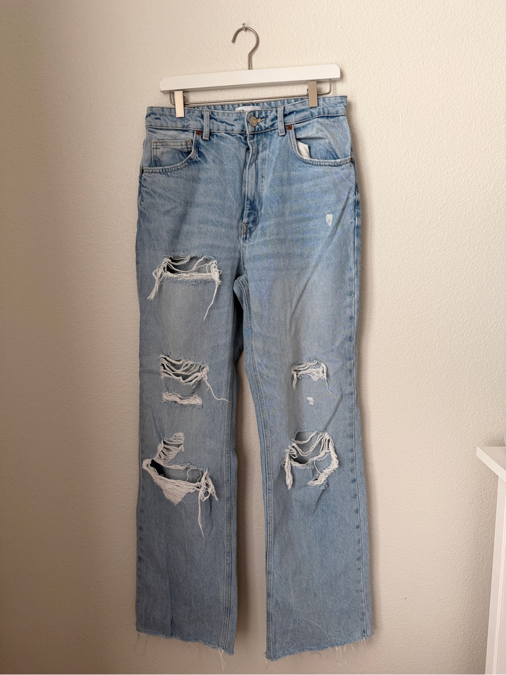 Zara Light Wash Distressed Ripped Wide Leg Jeans Size 10